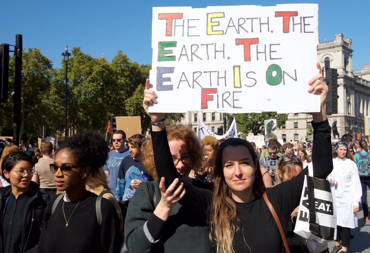 In London, students who are members of an international coalition, demand action to prevent further global warming and climate change.